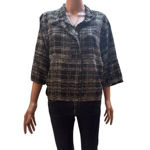 Royalty For Me Black & White Plaid 3/4 Sleeve Zipper Cropped Light Shackett NWT